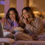 Deux jeunes femmes adultes regardant un film en streaming sur un ordinateur portable