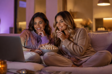 Deux jeunes femmes adultes regardant un film en streaming sur un ordinateur portable