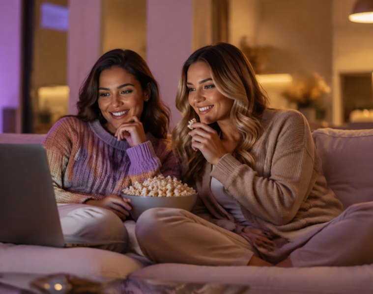 Deux jeunes femmes adultes regardant un film en streaming sur un ordinateur portable