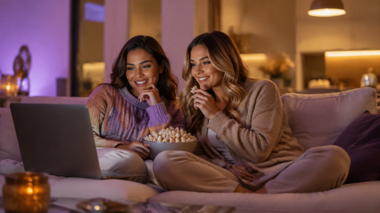 Deux jeunes femmes adultes regardant un film en streaming sur un ordinateur portable