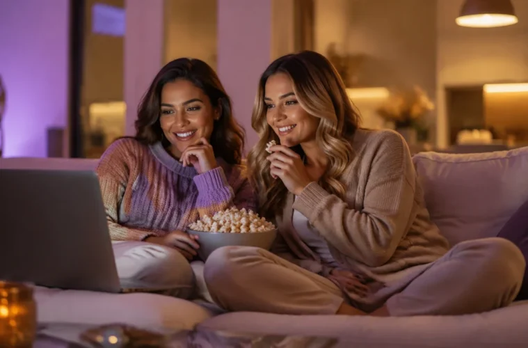 Deux jeunes femmes adultes regardant un film en streaming sur un ordinateur portable