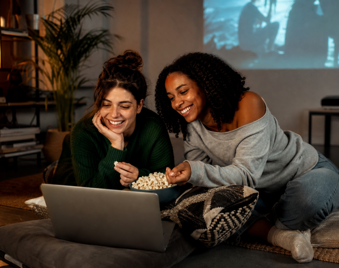 Deux jeunes femmes adultes regardant du streaming sur un ordinateur portable