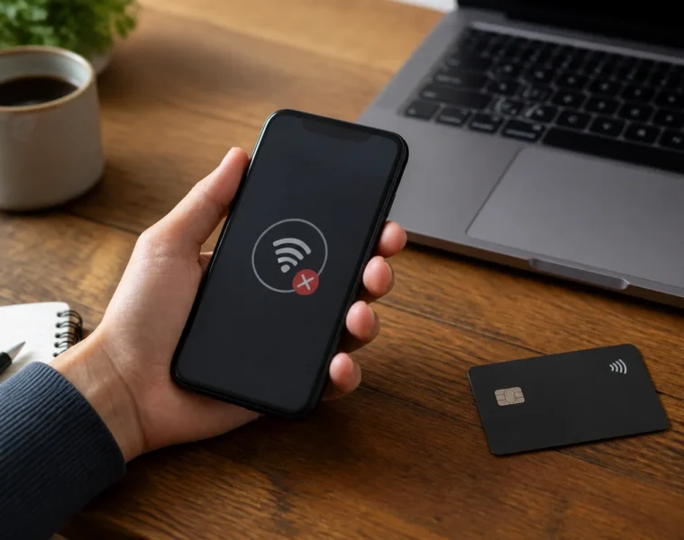 Paiement mobile générique refusé sur un smartphone posé près d’un ordinateur