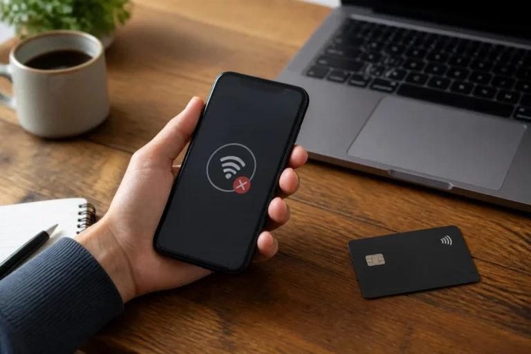 Paiement mobile générique refusé sur un smartphone posé près d’un ordinateur