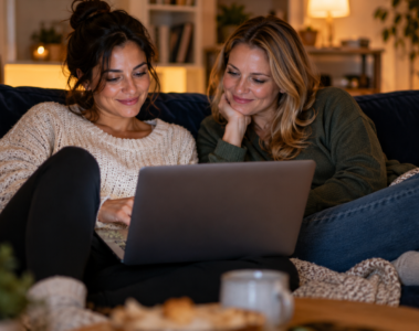 Deux femmes adultes regardant un ordinateur portable — illustration de la fiche Pirvab