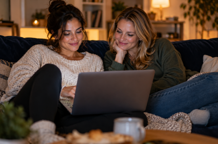 Deux femmes adultes regardant un ordinateur portable — illustration de la fiche Pirvab