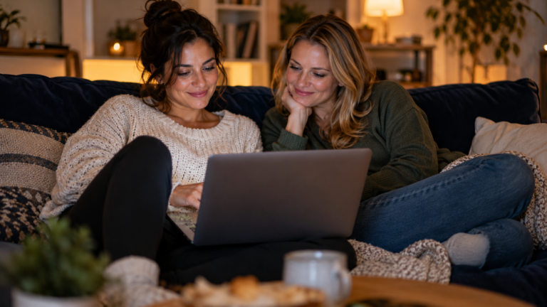 Deux femmes adultes regardant un ordinateur portable — illustration de la fiche Pirvab