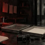 Laboratoire photographique imaginaire avec bacs de développement et porte d'ascenseur en arrière-plan