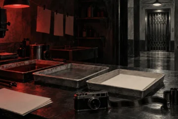 Laboratoire photographique imaginaire avec bacs de développement et porte d'ascenseur en arrière-plan