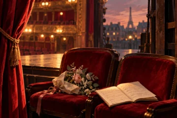 Fauteuils vides de théâtre, manuscrit et rideau rouge : illustration symbolique originale