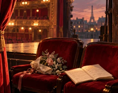 Fauteuils vides de théâtre, manuscrit et rideau rouge : illustration symbolique originale