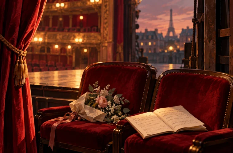 Fauteuils vides de théâtre, manuscrit et rideau rouge : illustration symbolique originale