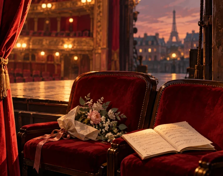 Fauteuils vides de théâtre, manuscrit et rideau rouge : illustration symbolique originale
