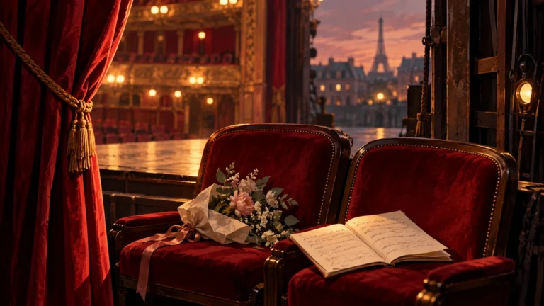 Fauteuils vides de théâtre, manuscrit et rideau rouge : illustration symbolique originale