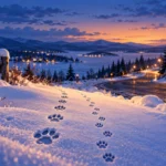 Illustration originale de deux pistes d’empreintes animales dans un paysage hivernal