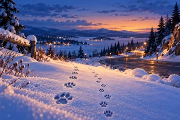 Illustration originale de deux pistes d’empreintes animales dans un paysage hivernal