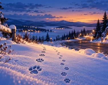 Illustration originale de deux pistes d’empreintes animales dans un paysage hivernal