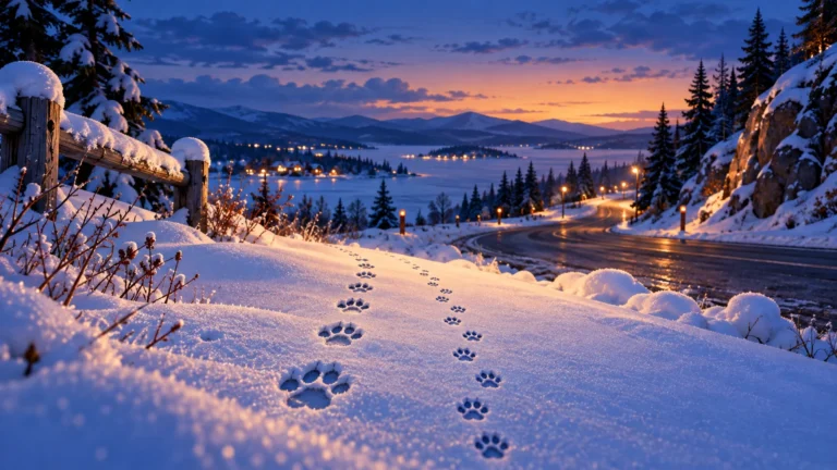 Illustration originale de deux pistes d’empreintes animales dans un paysage hivernal