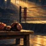 Gants de boxe sur un banc devant un ring vide baigné d'une lumière dorée, illustration originale