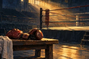 Gants de boxe sur un banc devant un ring vide baigné d'une lumière dorée, illustration originale