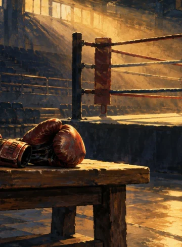 Gants de boxe sur un banc devant un ring vide baigné d'une lumière dorée, illustration originale
