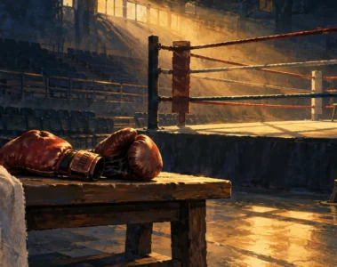 Gants de boxe sur un banc devant un ring vide baigné d'une lumière dorée, illustration originale