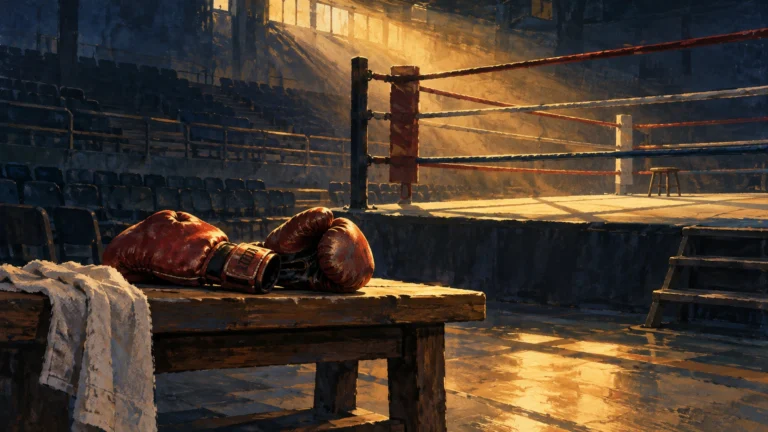 Gants de boxe sur un banc devant un ring vide baigné d'une lumière dorée, illustration originale