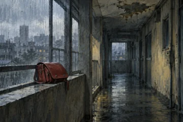 Couloir d'immeuble imaginaire sous la pluie, plafond humide et petit cartable rouge
