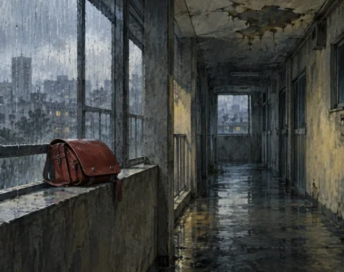 Couloir d'immeuble imaginaire sous la pluie, plafond humide et petit cartable rouge