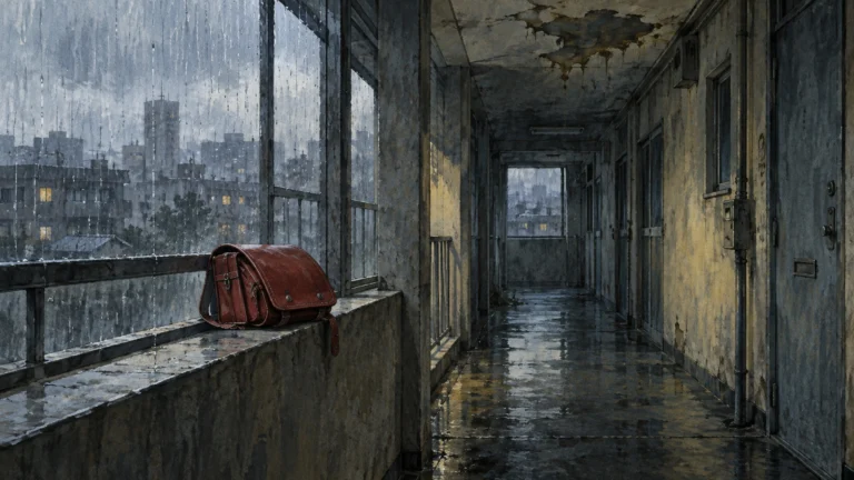 Couloir d'immeuble imaginaire sous la pluie, plafond humide et petit cartable rouge