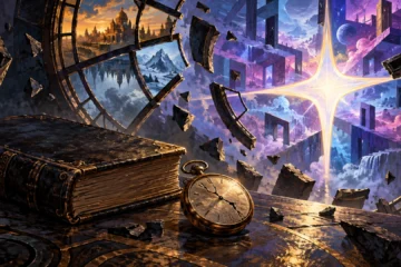 Livre ancien sans titre, montre et fenêtre fragmentée dans un espace géométrique imaginaire