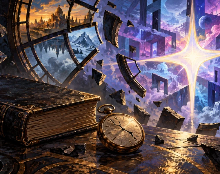 Livre ancien sans titre, montre et fenêtre fragmentée dans un espace géométrique imaginaire