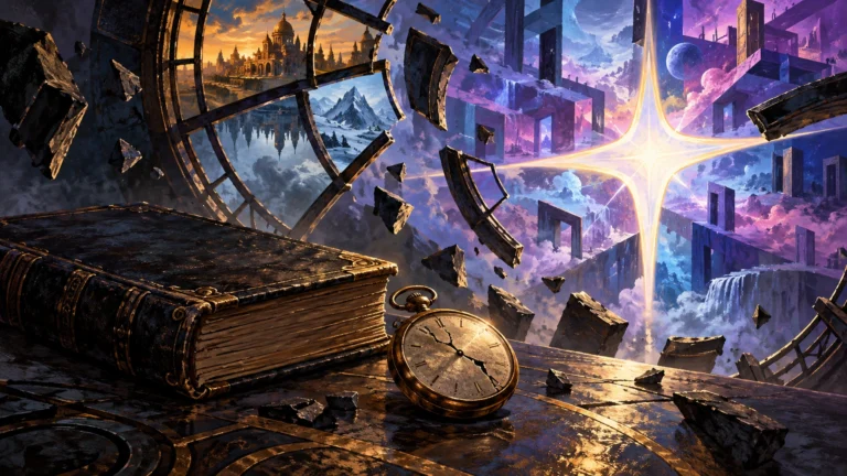 Livre ancien sans titre, montre et fenêtre fragmentée dans un espace géométrique imaginaire