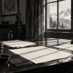 La Maison du docteur Edwardes : qui est le meurtrier à la fin ? Bureau ancien illustré en noir et blanc, ombres parallèles sur des feuilles et montagnes enneigées à la fenêtre