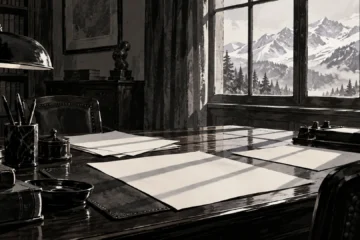 Bureau ancien illustré en noir et blanc, ombres parallèles sur des feuilles et montagnes enneigées à la fenêtre