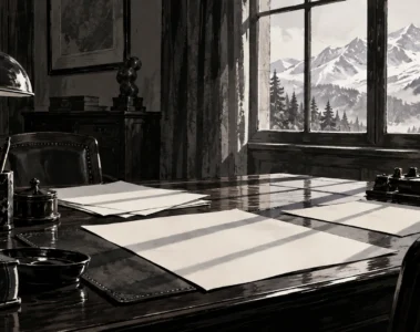 Bureau ancien illustré en noir et blanc, ombres parallèles sur des feuilles et montagnes enneigées à la fenêtre
