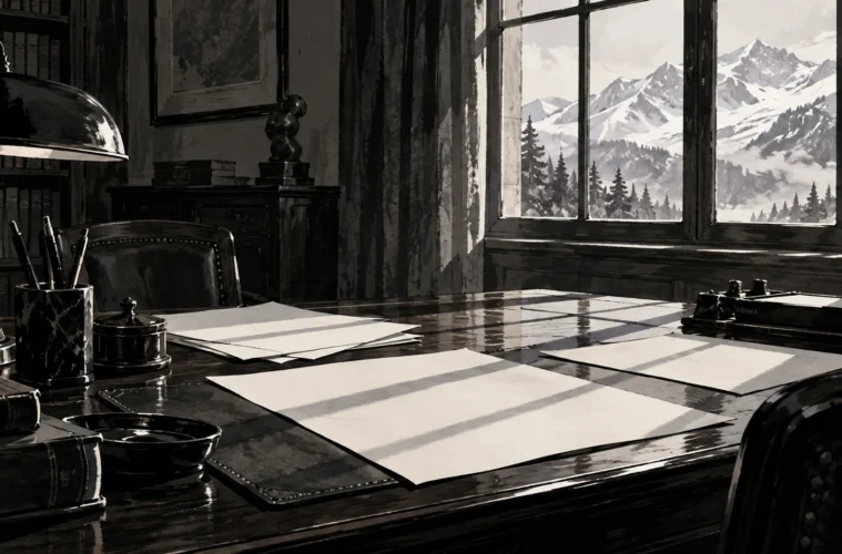 Bureau ancien illustré en noir et blanc, ombres parallèles sur des feuilles et montagnes enneigées à la fenêtre