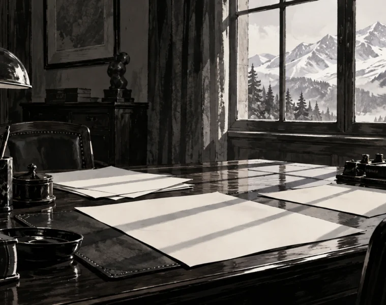 Bureau ancien illustré en noir et blanc, ombres parallèles sur des feuilles et montagnes enneigées à la fenêtre