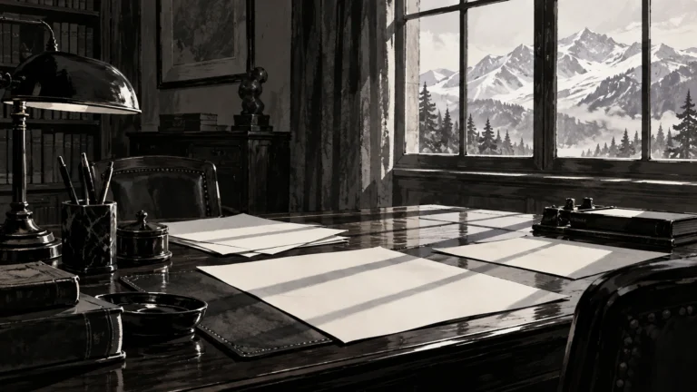 Bureau ancien illustré en noir et blanc, ombres parallèles sur des feuilles et montagnes enneigées à la fenêtre