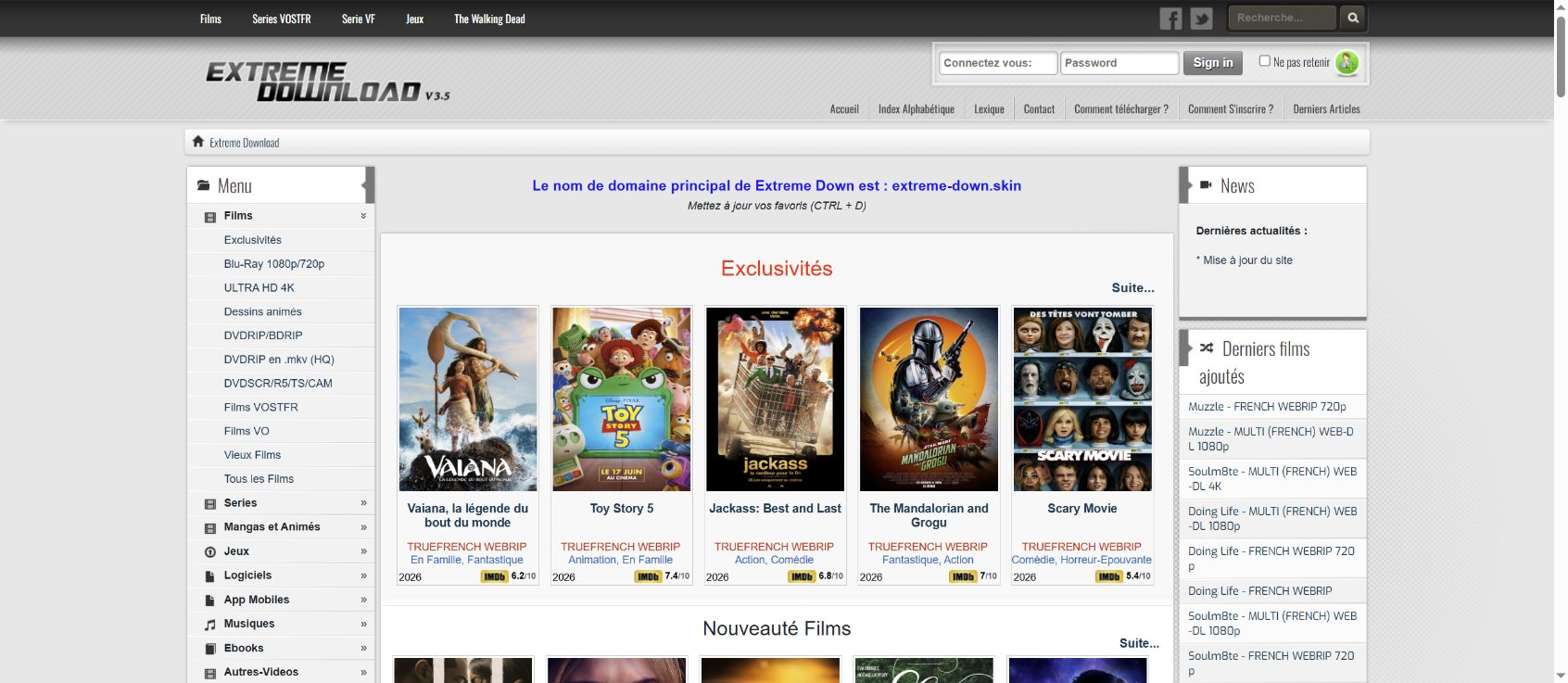 Capture du catalogue Extreme Down sur extreme-down.skin et de son domaine principal annoncé le 3 octobre 2026