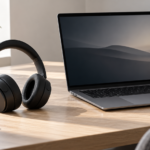 Casque Bluetooth connecté mais sans son sur Windows 11 : que vérifier ? Casque sans fil noir posé près d’un ordinateur portable, illustration générée par IA