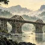 Illustration originale d’un pont ferroviaire en bois au-dessus d’une rivière dans la jungle brumeuse