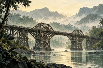 Illustration originale d’un pont ferroviaire en bois au-dessus d’une rivière dans la jungle brumeuse