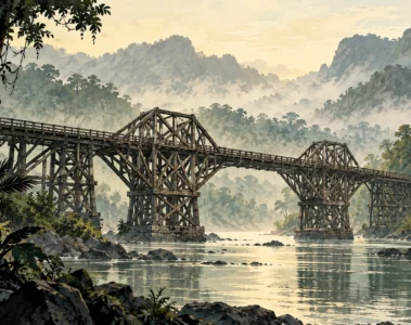 Illustration originale d’un pont ferroviaire en bois au-dessus d’une rivière dans la jungle brumeuse