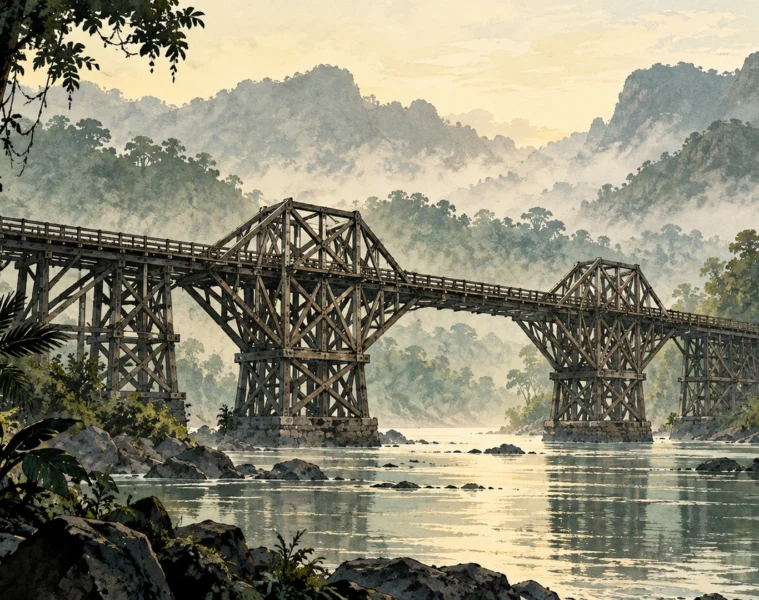 Illustration originale d’un pont ferroviaire en bois au-dessus d’une rivière dans la jungle brumeuse