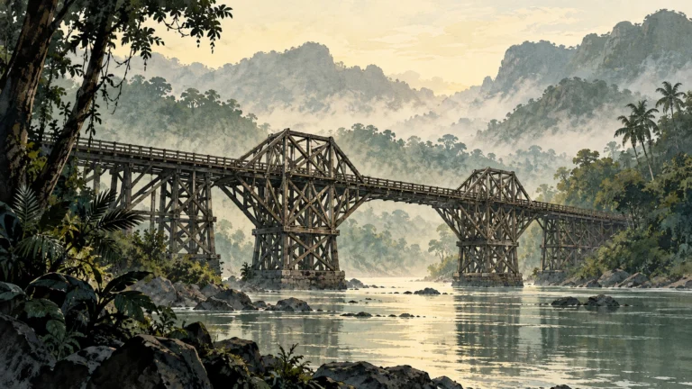 Illustration originale d’un pont ferroviaire en bois au-dessus d’une rivière dans la jungle brumeuse