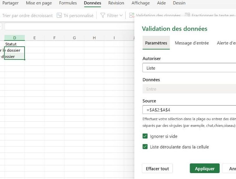 Source fixe de la liste dans Validation des données.