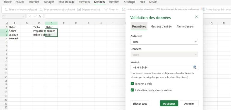 Source fixe de la liste dans Validation des données.