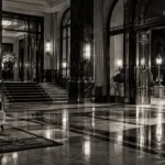 Illustration originale en noir et blanc d’un hall de casino vide sur la Riviera