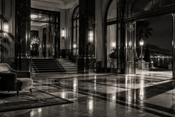 Illustration originale en noir et blanc d’un hall de casino vide sur la Riviera